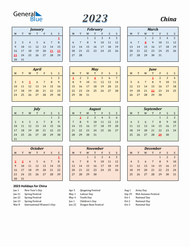 China Calendar 2023 with Monday Start