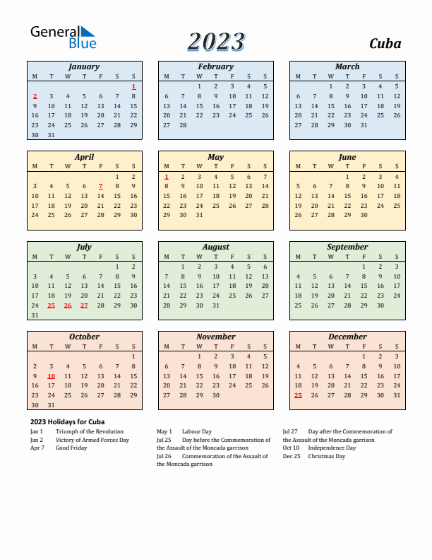 Cuba Calendar 2023 with Monday Start