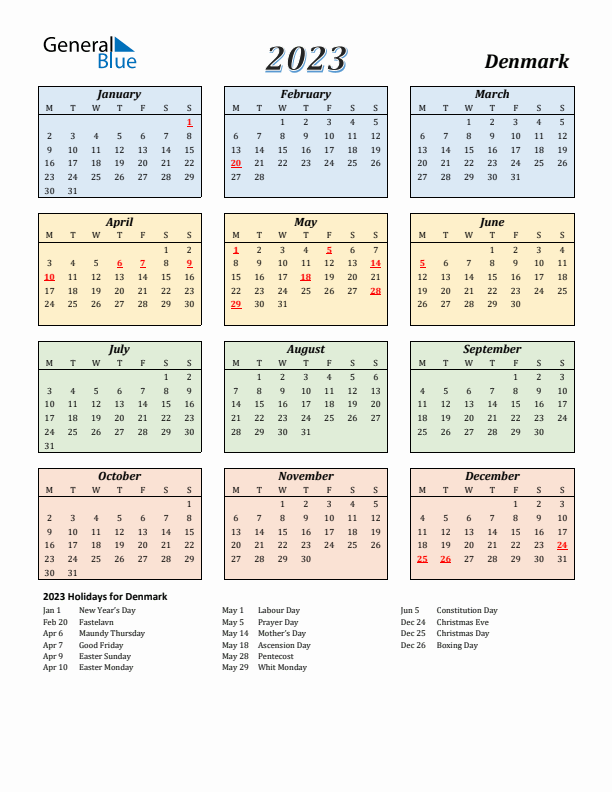 Denmark Calendar 2023 with Monday Start