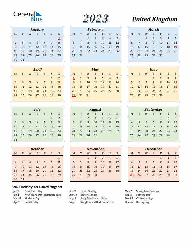 United Kingdom Calendar 2023 with Monday Start