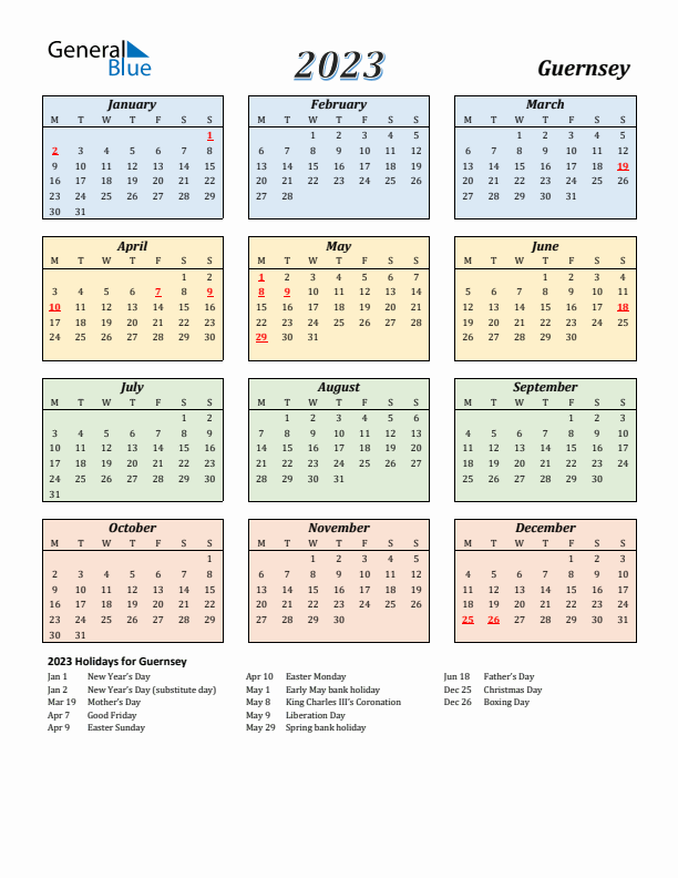 Guernsey Calendar 2023 with Monday Start