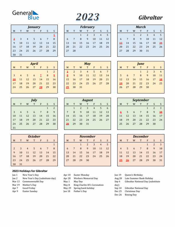 Gibraltar Calendar 2023 with Monday Start