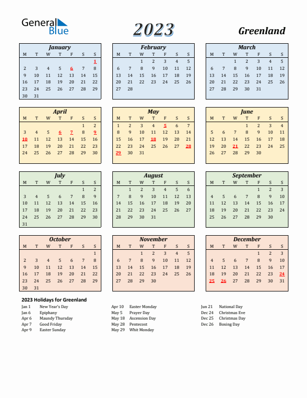 Greenland Calendar 2023 with Monday Start