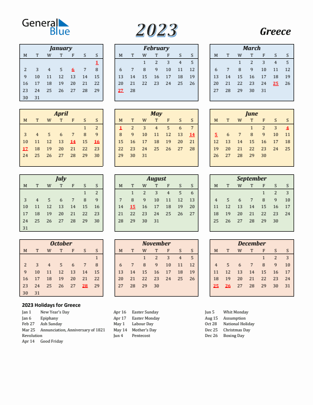 Greece Calendar 2023 with Monday Start