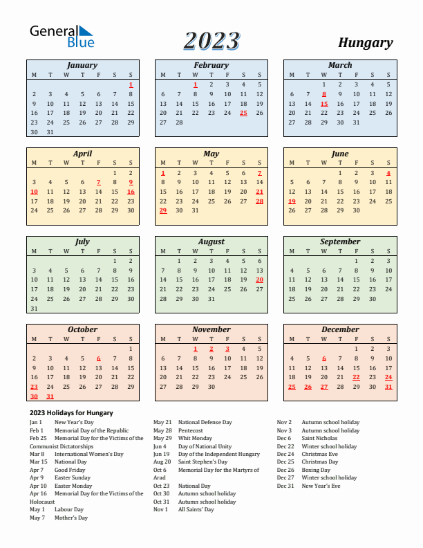 Hungary Calendar 2023 with Monday Start