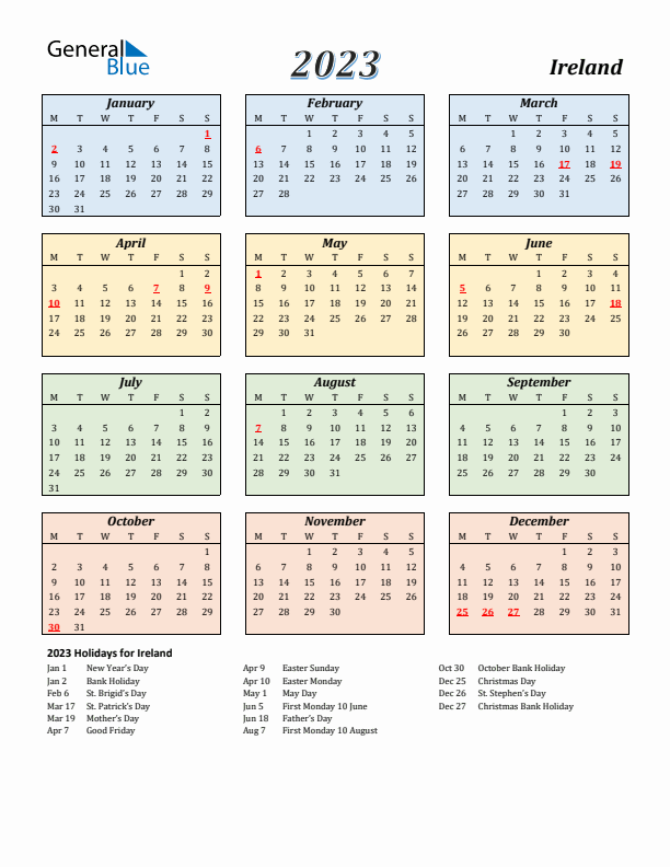 Ireland Calendar 2023 with Monday Start