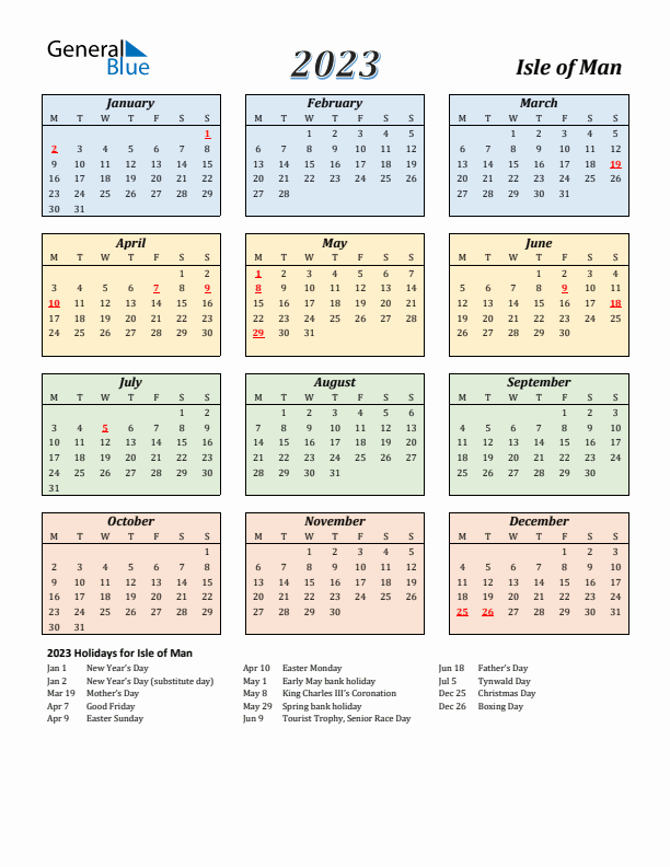 Isle of Man Calendar 2023 with Monday Start