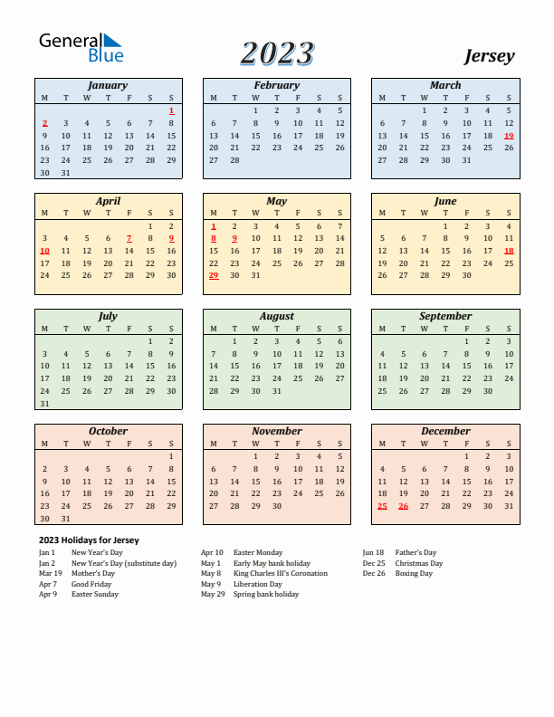 Jersey Calendar 2023 with Monday Start