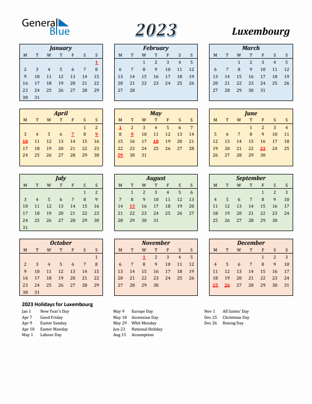 Luxembourg Calendar 2023 with Monday Start