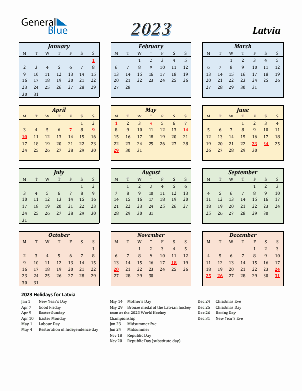 Latvia Calendar 2023 with Monday Start