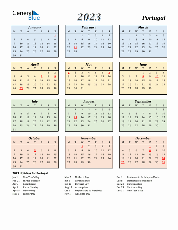 Portugal Calendar 2023 with Monday Start