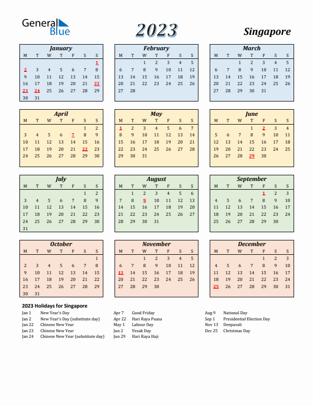 Singapore Calendar 2023 with Monday Start