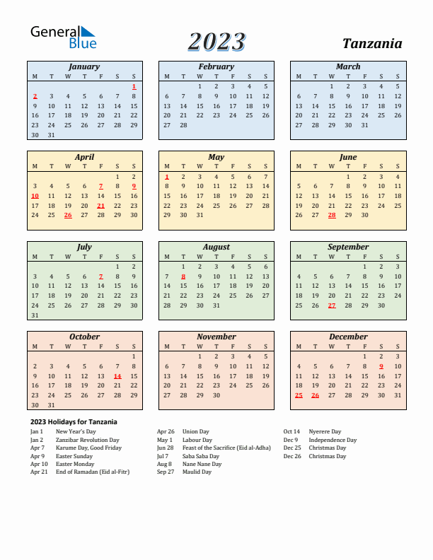 Tanzania Calendar 2023 with Monday Start