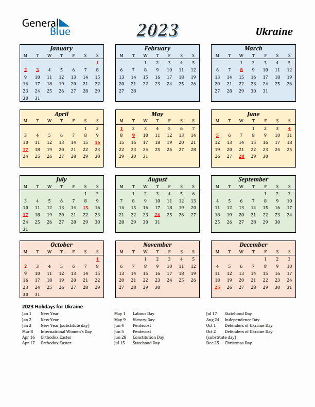 Ukraine Calendar 2023 with Monday Start