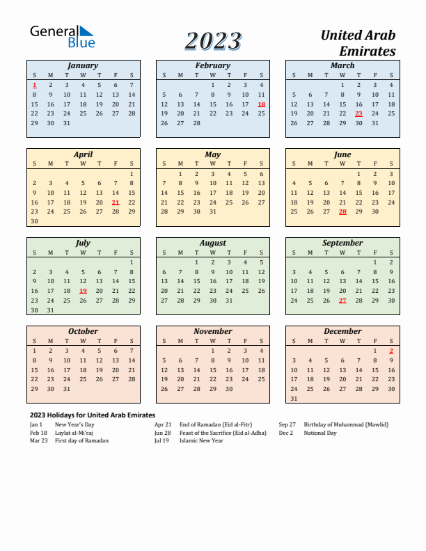 United Arab Emirates Calendar 2023 with Sunday Start