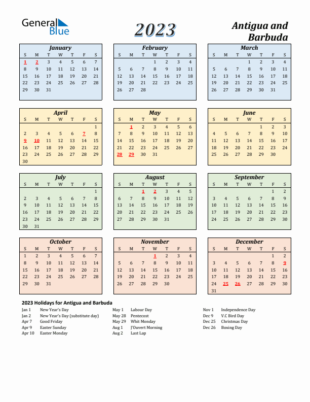 Antigua and Barbuda Calendar 2023 with Sunday Start