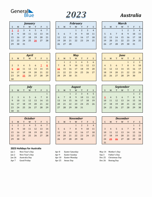 Australia Calendar 2023 with Sunday Start