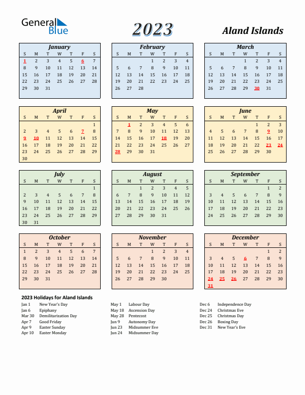 Aland Islands Calendar 2023 with Sunday Start