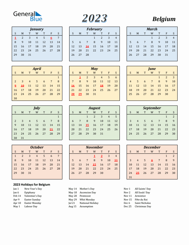 Belgium Calendar 2023 with Sunday Start