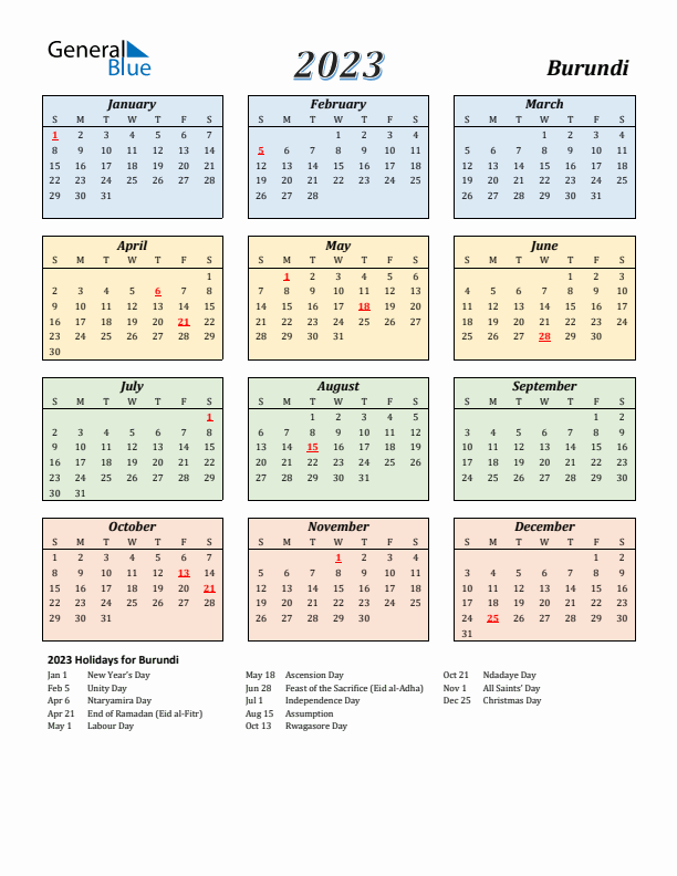 Burundi Calendar 2023 with Sunday Start