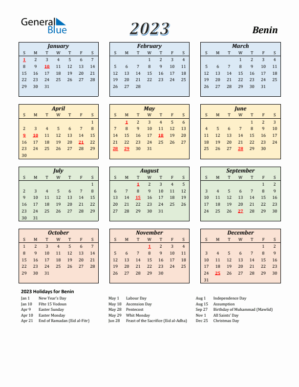 Benin Calendar 2023 with Sunday Start