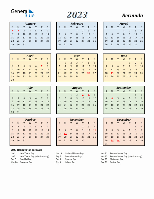 Bermuda Calendar 2023 with Sunday Start