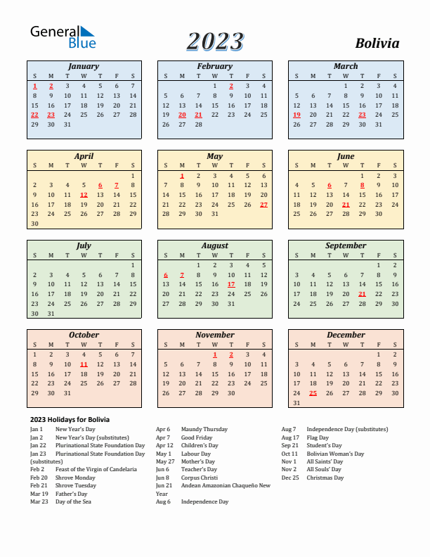 Bolivia Calendar 2023 with Sunday Start