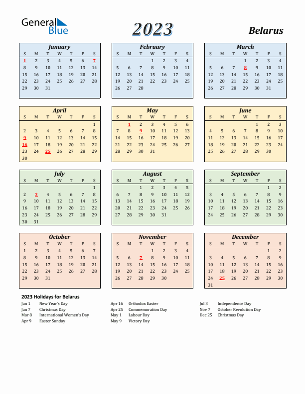 Belarus Calendar 2023 with Sunday Start