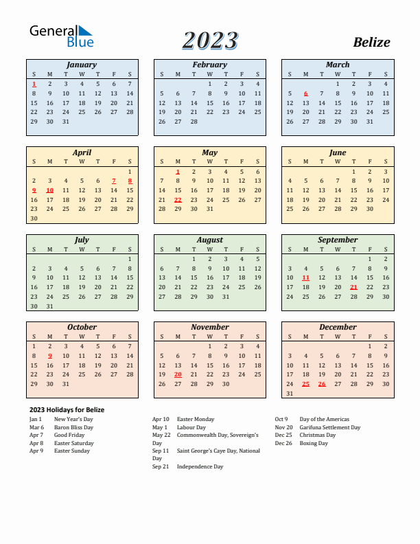 Belize Calendar 2023 with Sunday Start