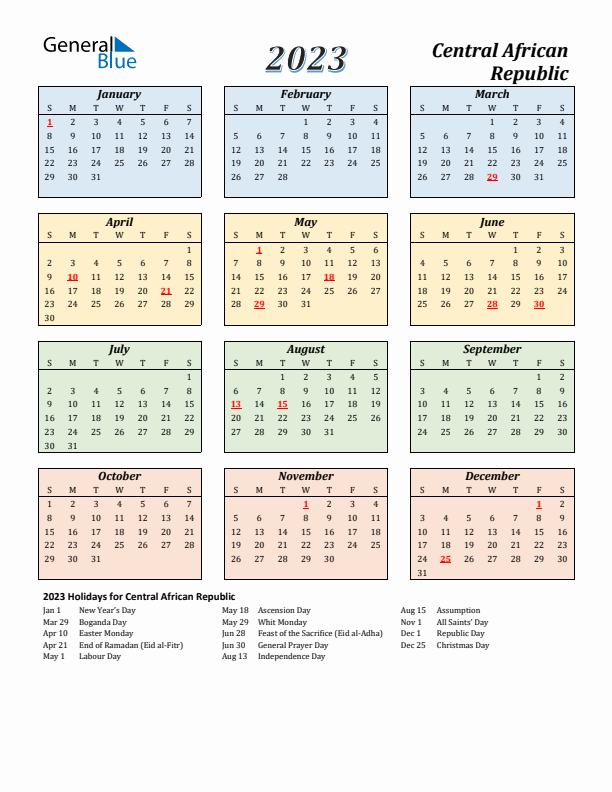 Central African Republic Calendar 2023 with Sunday Start