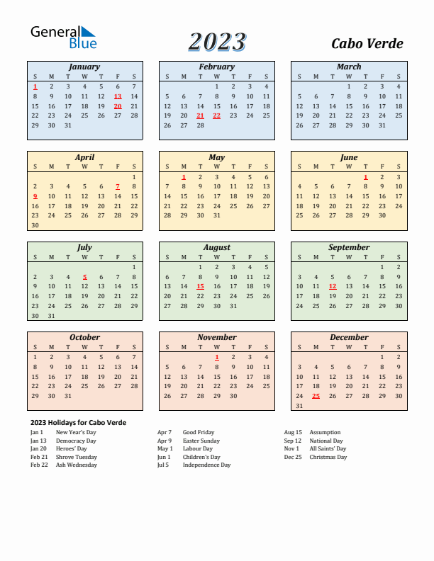 Cabo Verde Calendar 2023 with Sunday Start