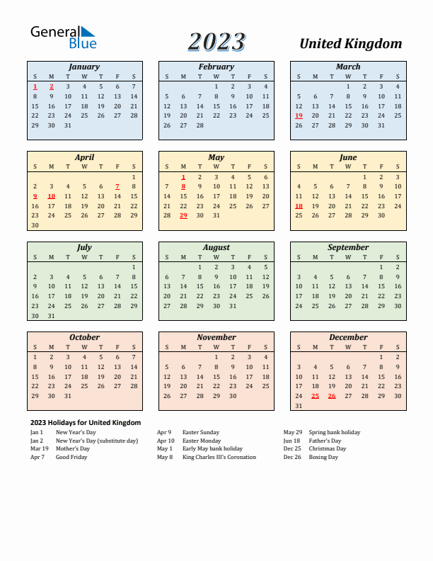 United Kingdom Calendar 2023 with Sunday Start