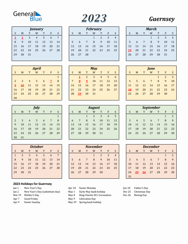 Guernsey Calendar 2023 with Sunday Start