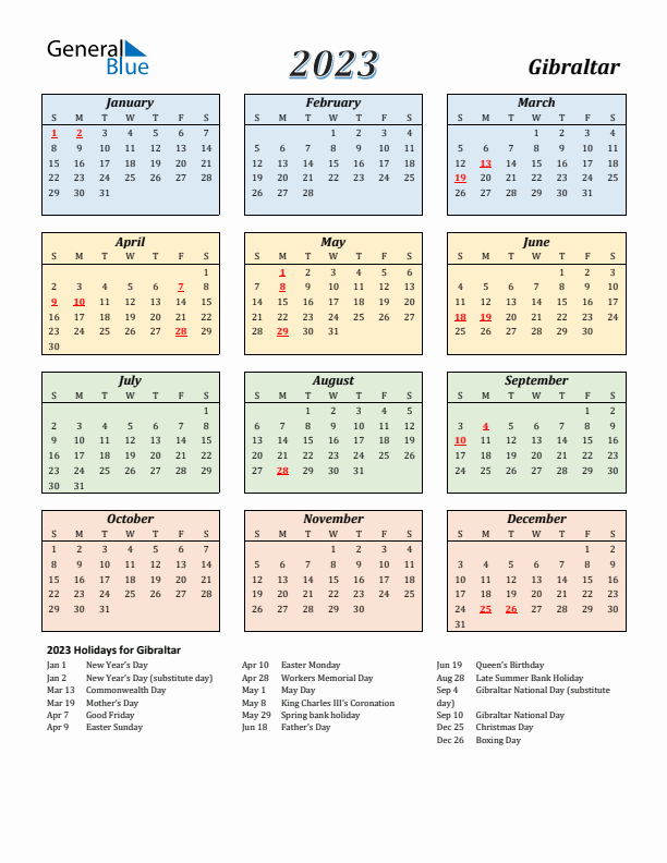 Gibraltar Calendar 2023 with Sunday Start