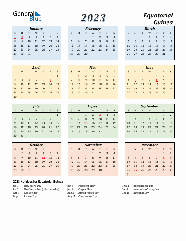 Equatorial Guinea Calendar 2023 with Sunday Start