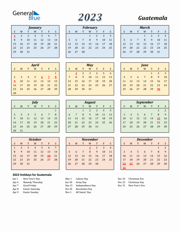 Guatemala Calendar 2023 with Sunday Start