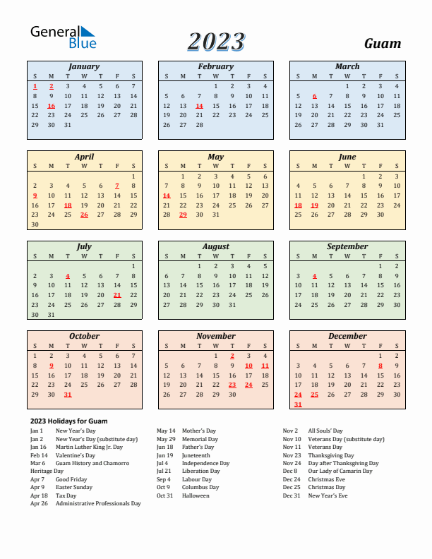 Guam Calendar 2023 with Sunday Start