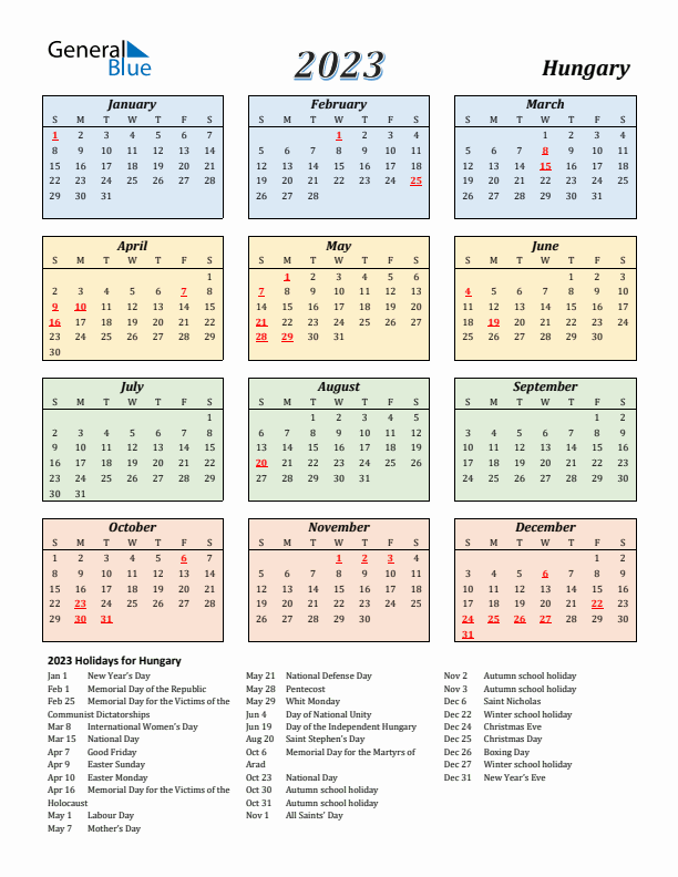 Hungary Calendar 2023 with Sunday Start