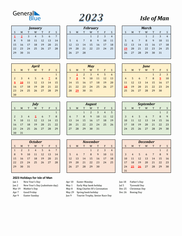 Isle of Man Calendar 2023 with Sunday Start