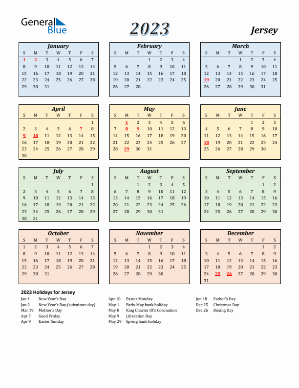 Jersey Calendar 2023 with Sunday Start