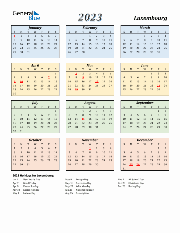 Luxembourg Calendar 2023 with Sunday Start