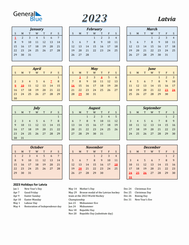 Latvia Calendar 2023 with Sunday Start