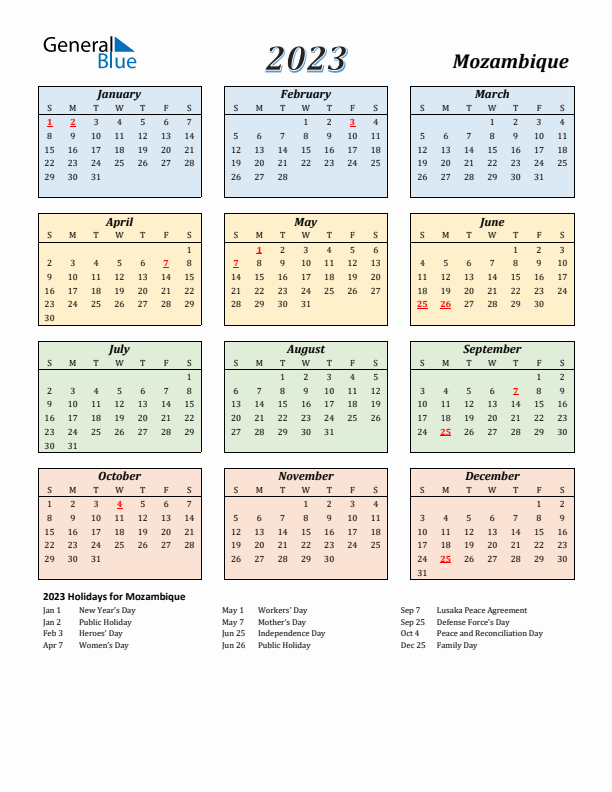 Mozambique Calendar 2023 with Sunday Start