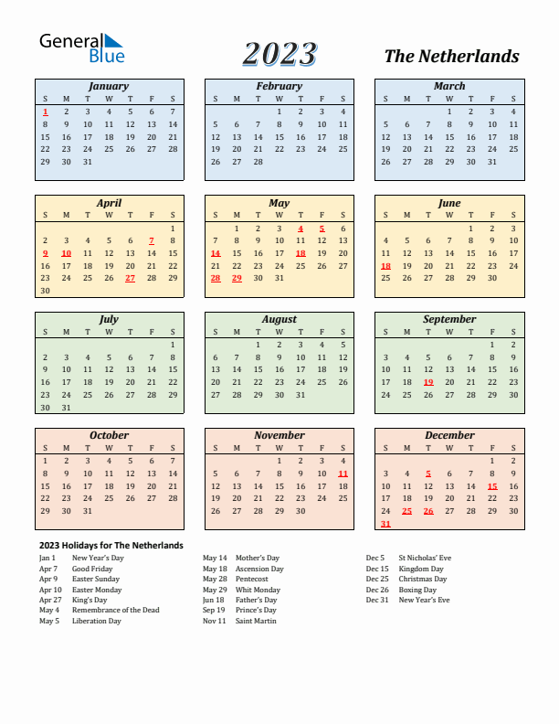 The Netherlands Calendar 2023 with Sunday Start