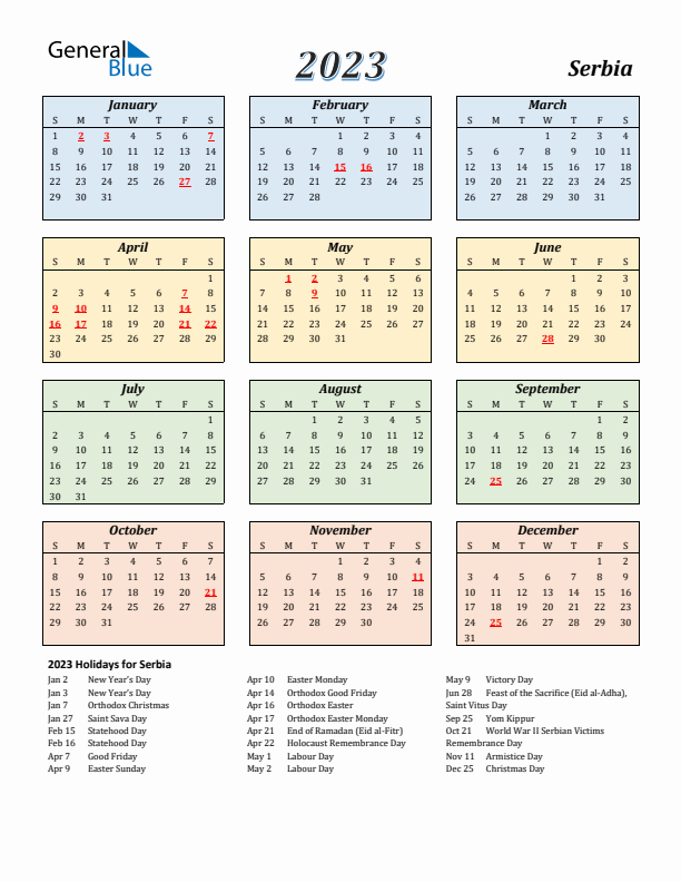 Serbia Calendar 2023 with Sunday Start