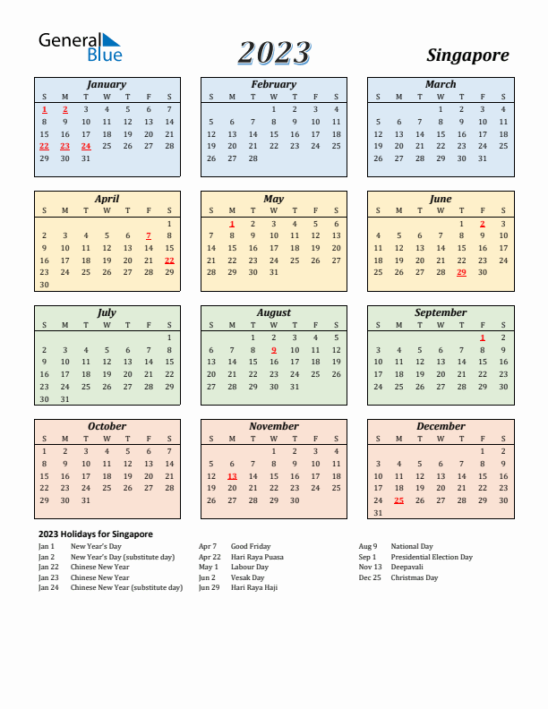 Singapore Calendar 2023 with Sunday Start