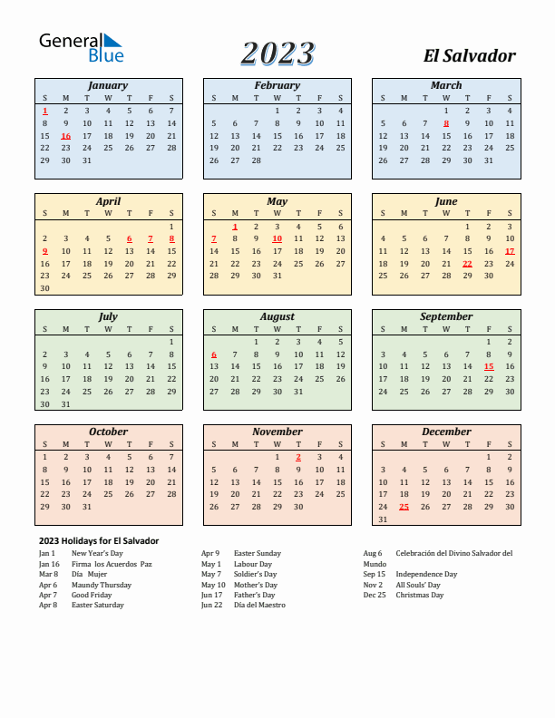 El Salvador Calendar 2023 with Sunday Start