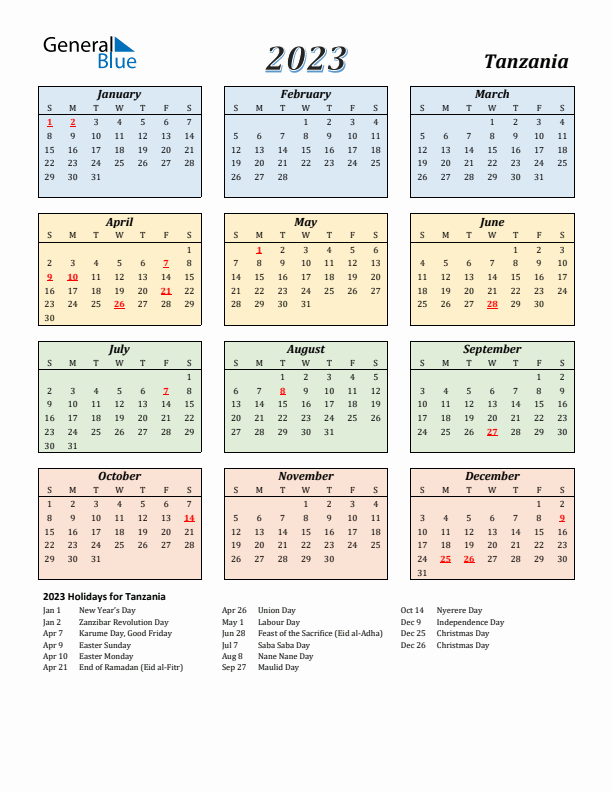 Tanzania Calendar 2023 with Sunday Start