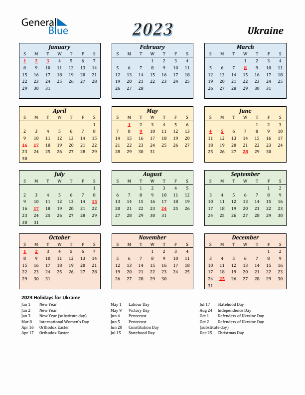 Ukraine Calendar 2023 with Sunday Start