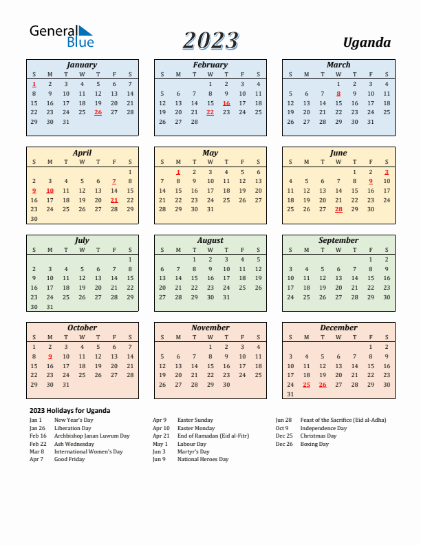 Uganda Calendar 2023 with Sunday Start